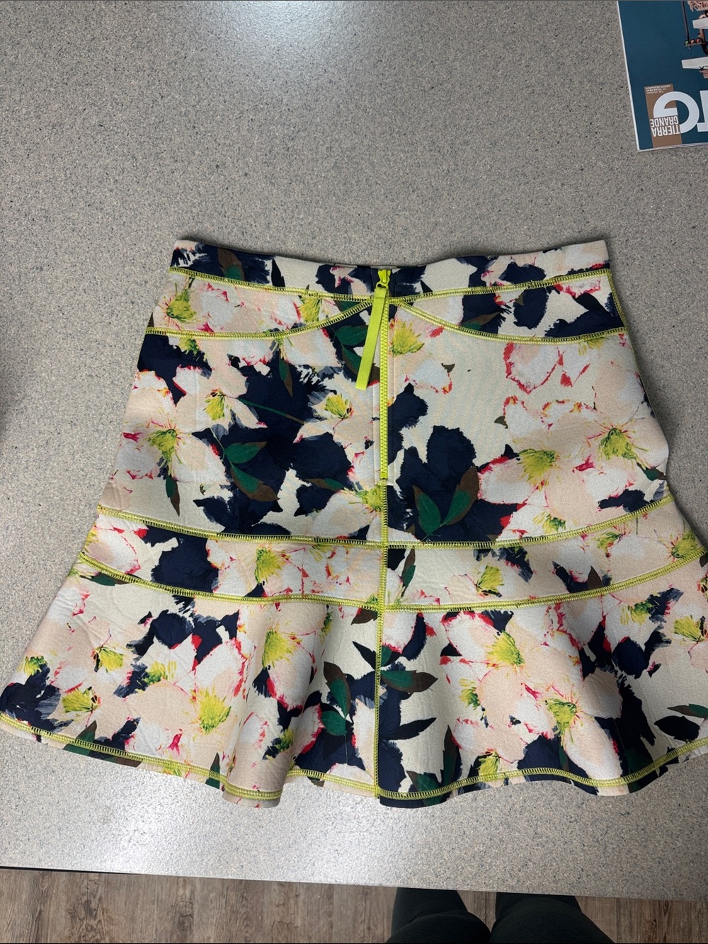 J. Crew Cream Floral Circle Skirt with Navy & Neon Trim